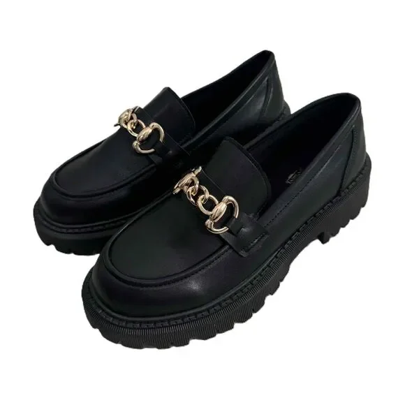 Lug Sole Loafers Black Gold Chain Embellished Chunky Sole Polished NWOT Size 40 - Picture 2 of 10